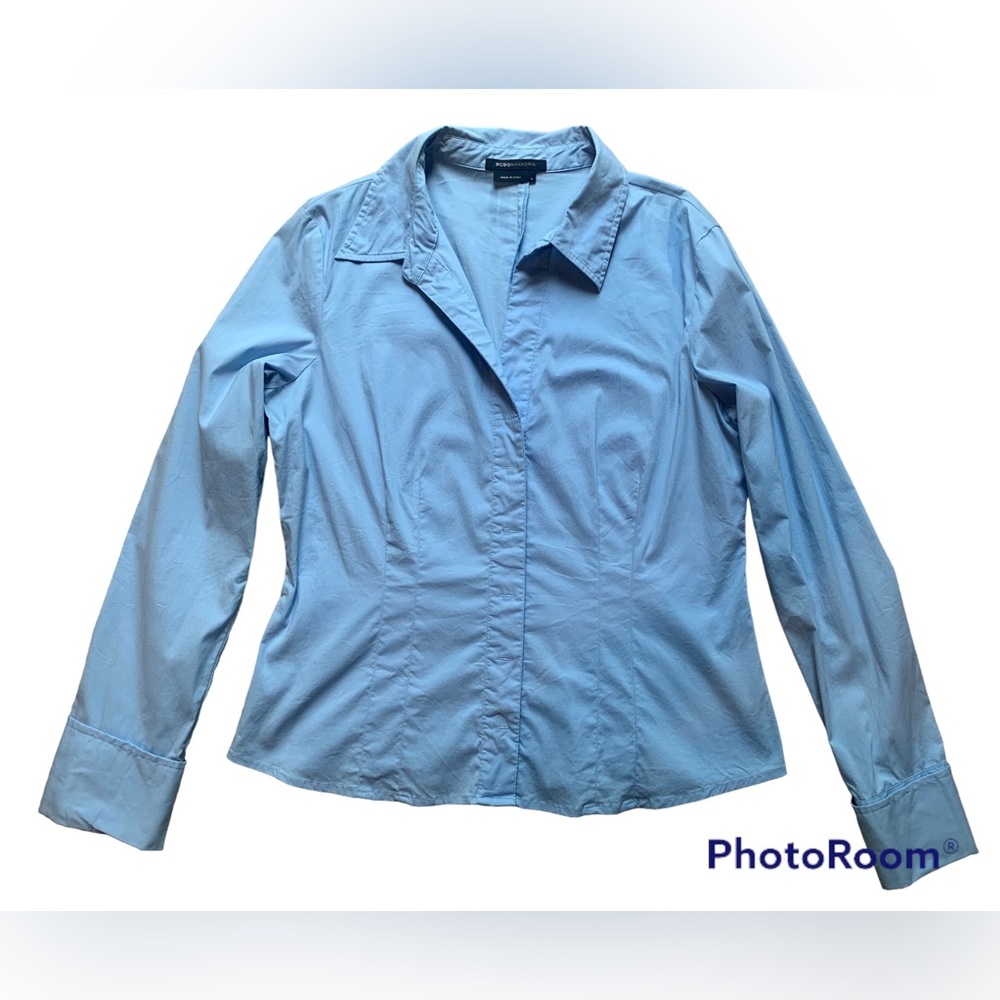 BCBG Maxazria light blue long sleeve button down v-neck shirt, Large